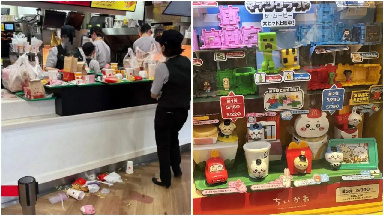 日本出現搶買麥當勞「吉伊卡哇」玩具,竟直接把餐點丟棄在櫃檯前面地上的狀況,如此浪費食物的景象令人傻眼。左圖翻攝自社群X、右圖中央社