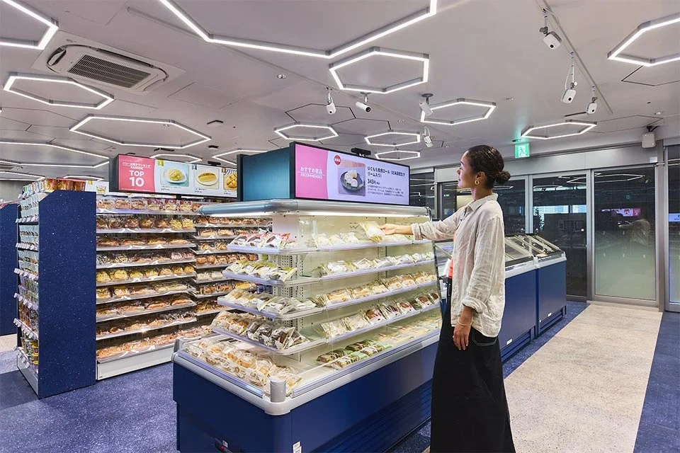 位於東京高輪Gateway City的羅森(Lawson)「未來便利商店」,貨架有AI攝影鏡頭分析客人動態,會在螢幕適時顯示銷售排行榜或促銷活動,協助客人購物。翻攝KDDI官網