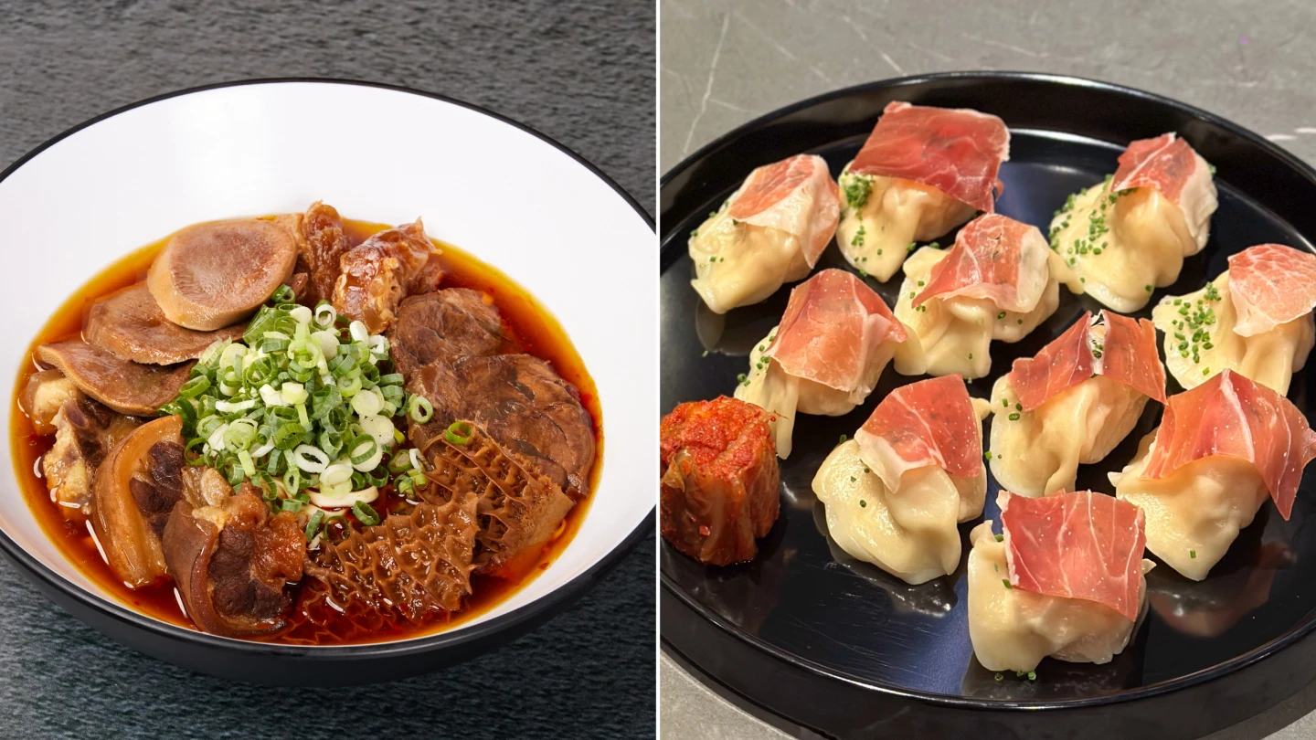 ONCOR「大紅袍炭香紅燒牛肉麵」含五種不同部位的牛肉,水餃則是以媽媽包的水餃為靈感,江振誠再獨家搭配伊比利火腿。業者提供、劉沛妘攝
