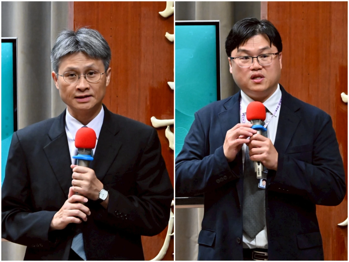 國科會副主委蘇振綱(左)、教育部次長朱俊彰(右)今在政院記者會回應媒體提問。政院提供