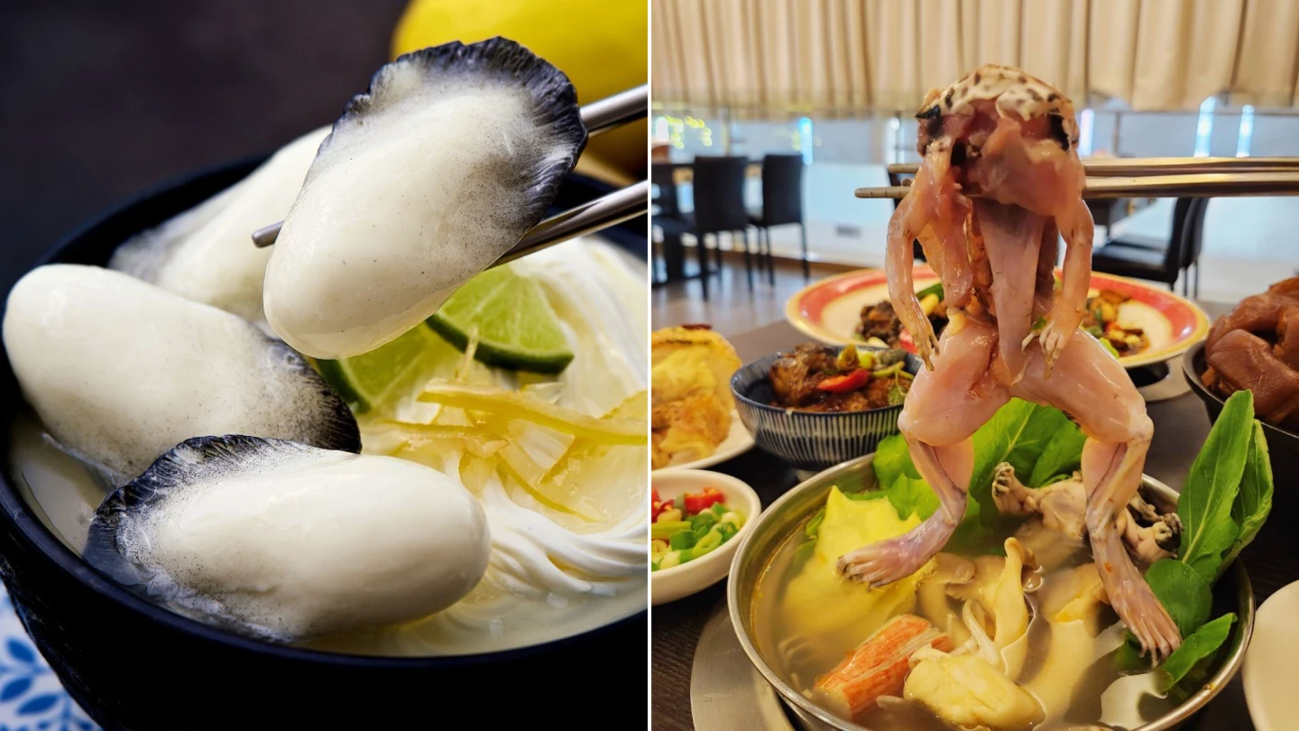 父親節獵奇美食!神旺普諾麵包坊把蚵仔麵變蛋糕、千葉火鍋整隻青蛙入鍋。業者提供