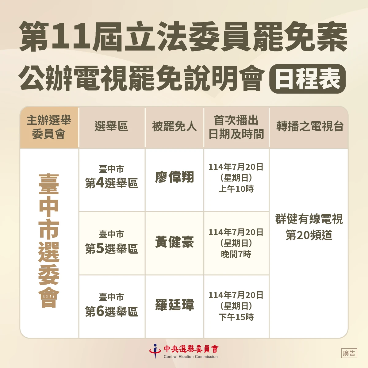台中市地4、5、6選區三場公辦電視罷免說明會時程。台中市選委會提供