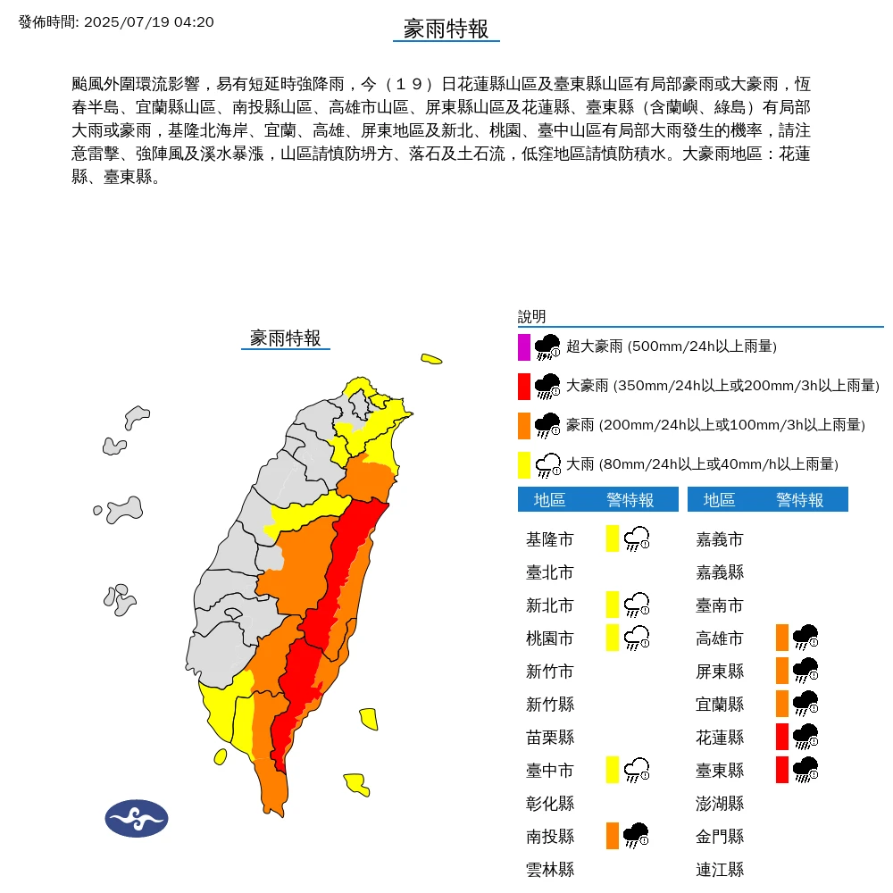 花蓮、台東山區嚴防大豪雨。中央氣象署