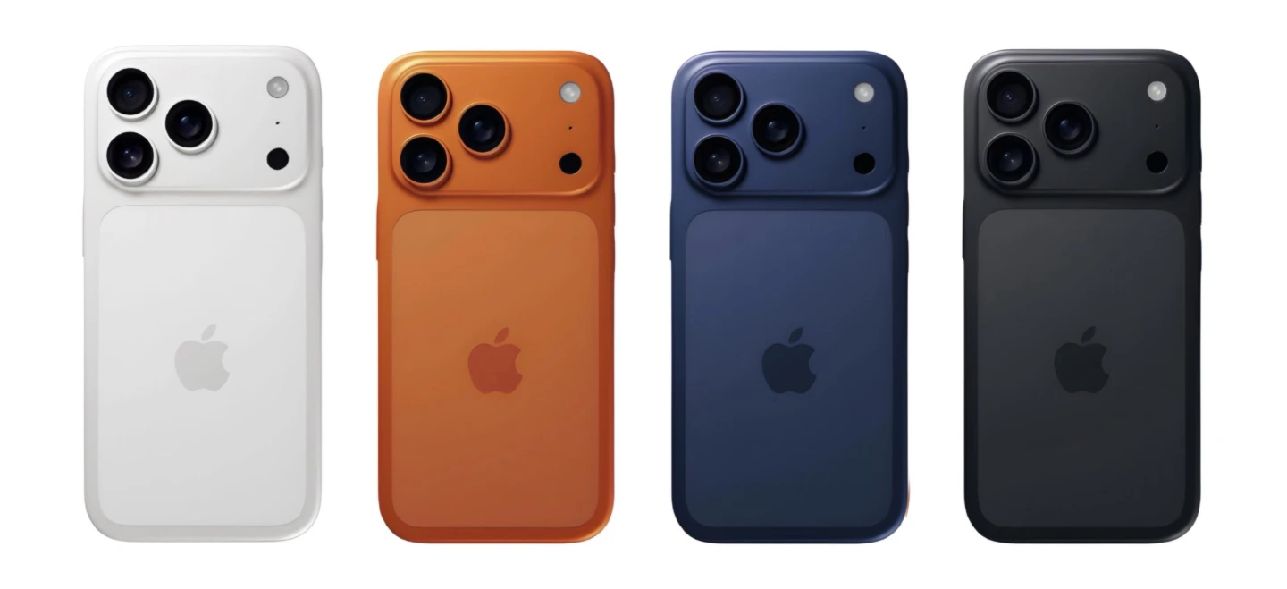 iPhone 17 Pro/Max採用新的後鏡頭設計,全新矩形相機模組,配色獨享深空藍和橙色版本(中間2支)。翻攝自majinbuofficial.com