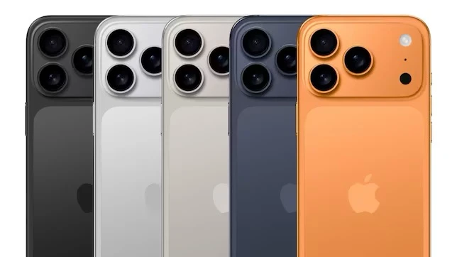 iPhone 17 Pro/Max採用新的後鏡頭設計,全新矩形相機模組,配色獨享深空藍和橙色版本(最右邊2支)。翻攝自MeriStation