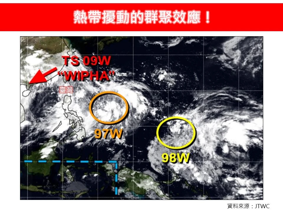 97W朝台灣外海前進,水氣充沛5大特徵。翻攝氣象粉專「林老師氣象站」