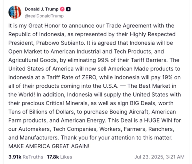 川普宣布與印尼達成貿易協議。翻攝川普的社群網站/truthsocial.com/@realDonaldTrump/