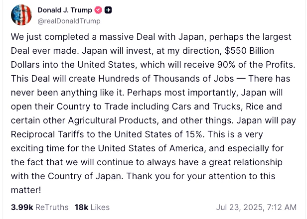 川普公布日本關稅最新稅率。翻攝川普社群網站/truthsocial.com/@realDonaldTrump/