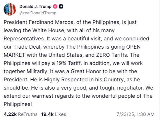 川普宣布菲律賓關稅的最新稅率。翻攝川普社群網站/truthsocial.com/@realDonaldTrump/