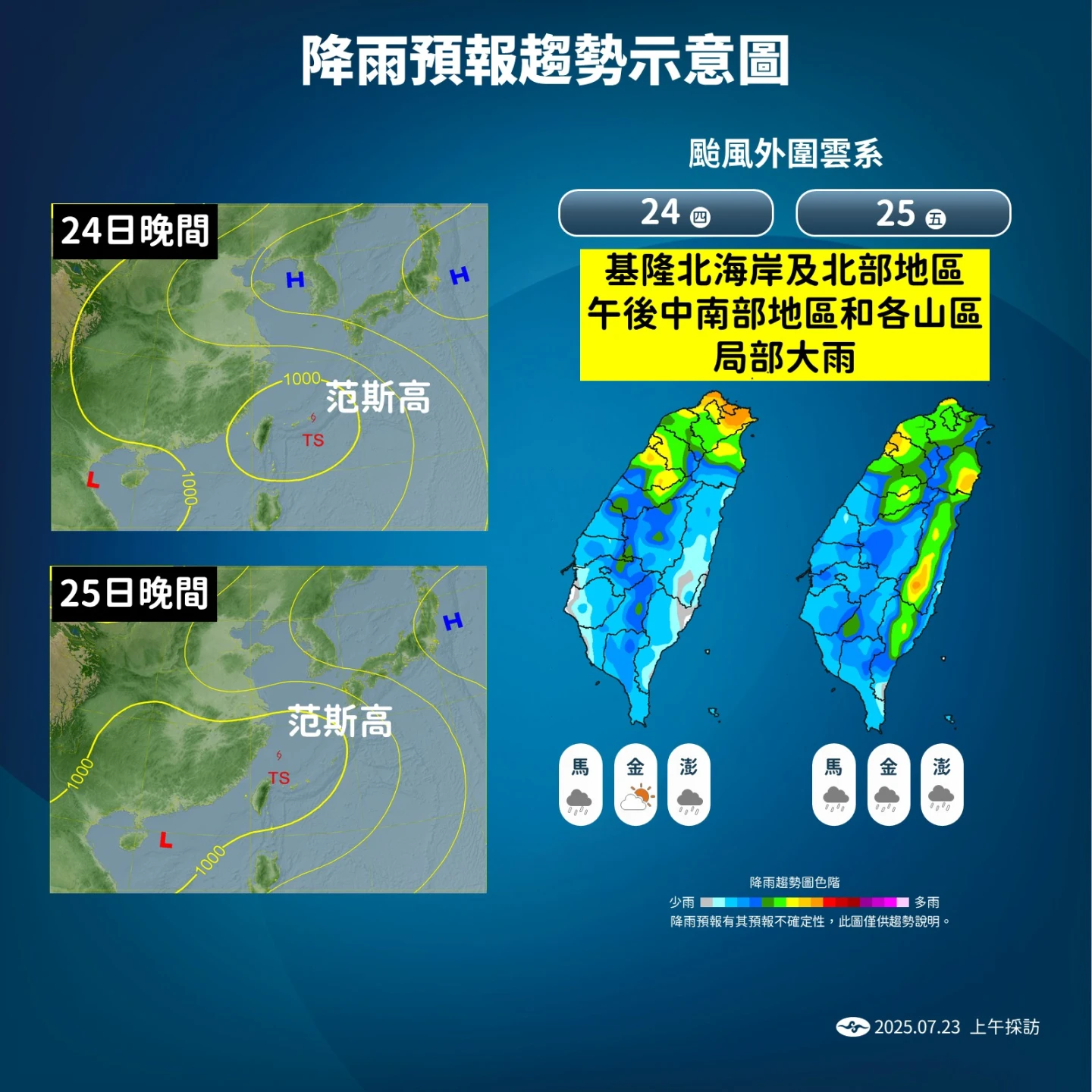 雙颱致今明天全台有雨。中央氣象署提供