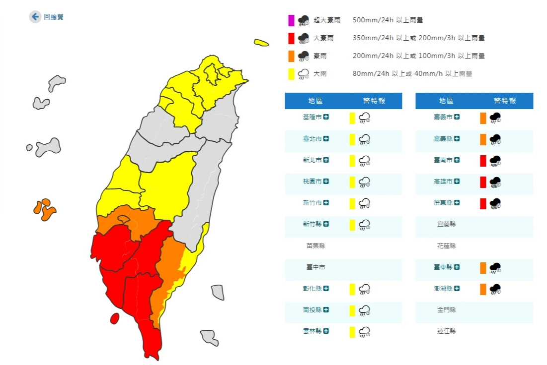 嘉義以南7縣市豪雨、大豪雨特報。中央氣象署提供