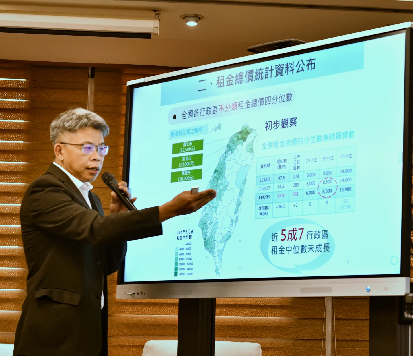 內政部地政司長林家正說明租金統計分布。內政部提供