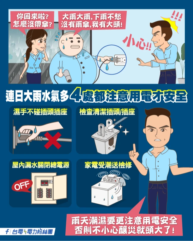 台電提醒連日大雨水氣多,4處都注意用電才安全。翻攝台電官網