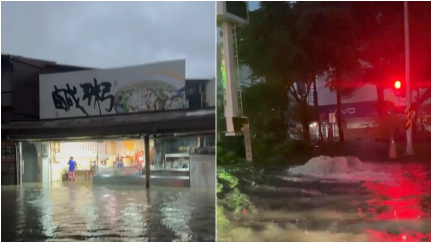 今晨台南暴雨成災,市區嚴重淹水,知名阿堂鹹粥所在的小西門圓環排水不及驚現「湧泉」。翻攝自臉書「林哲源」、「樂活站長」