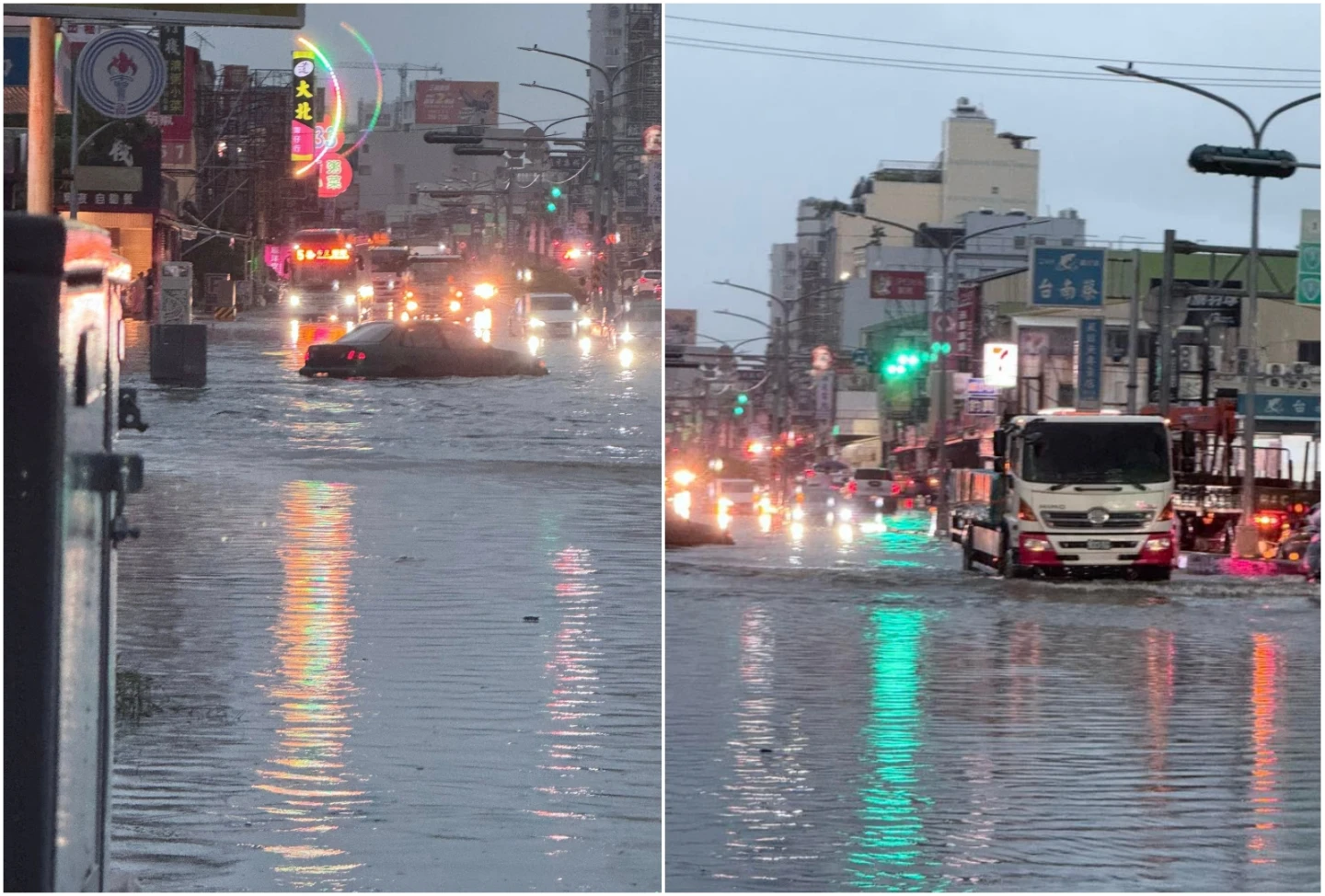 今晨台南永康(丹丹漢堡)往鹽行方向淹大水,小客車拋錨在路中央動彈不得。翻攝自臉書「台南大小事」