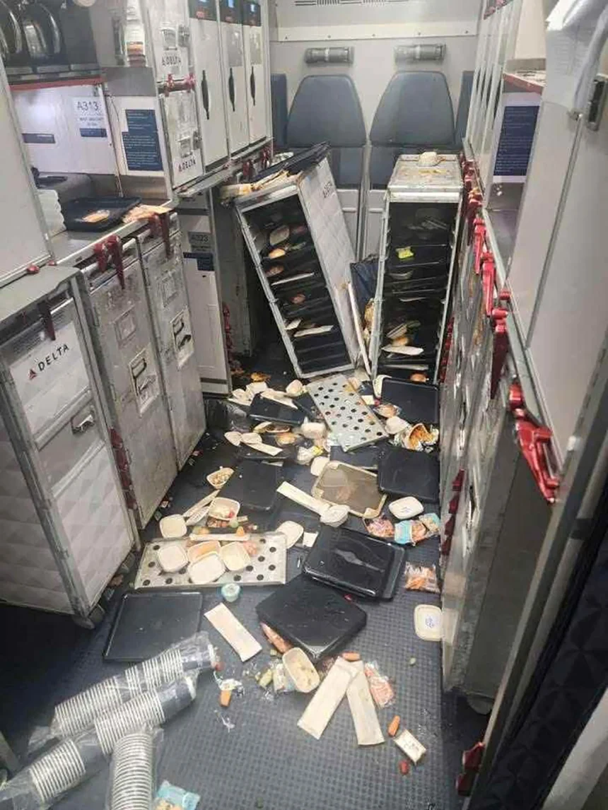 達美航空客機7月30日在美國懷俄明州上空遭遇嚴重亂流,機上餐車亂飛,餐具散落一地,留下滿目瘡痍。翻攝X