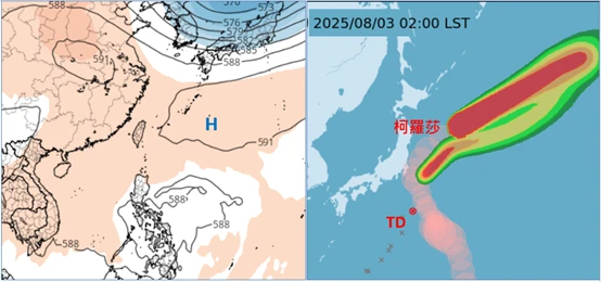 左圖顯示,受太平洋高壓影響,無雨時全台各地晴朗酷熱。
右圖氣象署「颱風暴風圈侵襲機率圖」」顯示,「輕颱柯羅莎」在日本東方海面、向東北東加速遠離。另一熱帶低壓在日本南方海面,今將發展為「輕颱白鹿」,亦受西南季風導引,大致尾隨「柯羅莎」,向東北遠離。翻攝自氣象應用推廣基金會