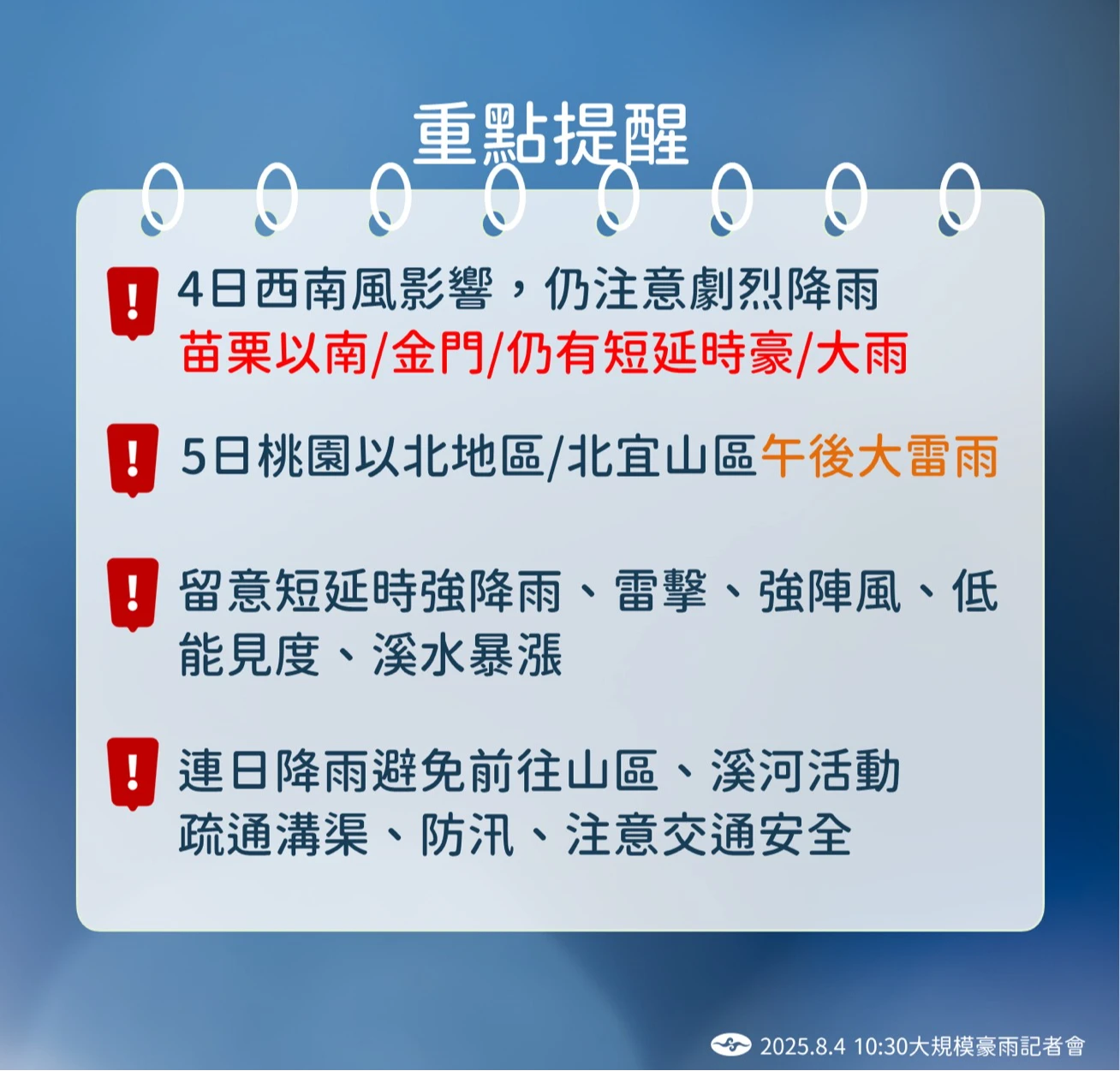今苗栗以南仍需注意劇烈降雨。中央氣象署提供