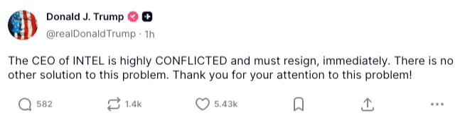 川普要求陳立武下台。翻攝川普社群網頁/truthsocial.com/@realDonaldTrump
