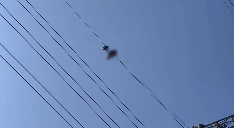 桃園市龜山區一處高壓電塔被發現有民眾吊掛在電線上且已死亡,消防7日攀爬高壓電塔將人解下。(翻攝照片)中央社