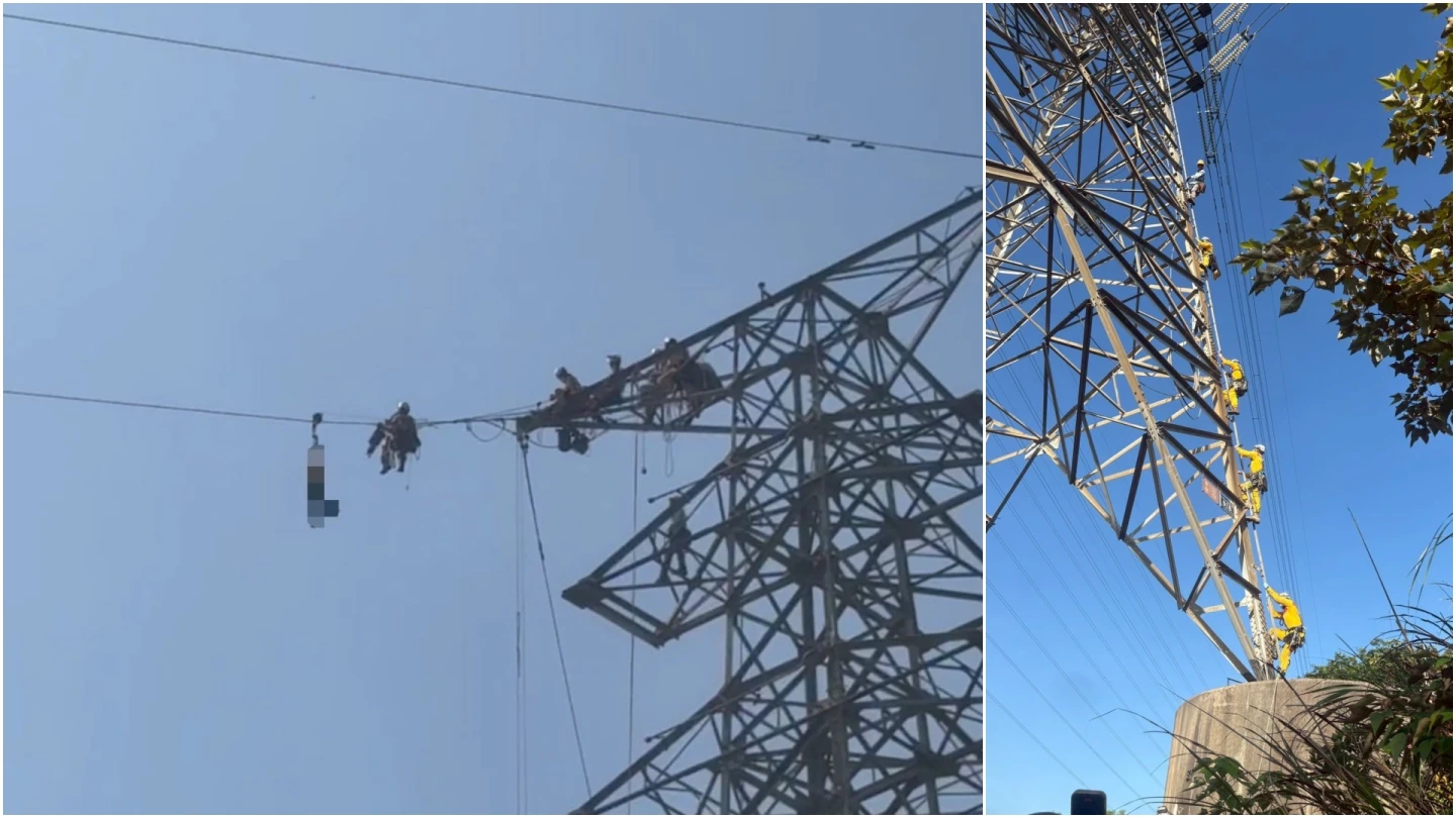 台電與警消接近移工,確認一切安穩、固定後,再慢慢移動下放移工。翻攝自桃園特搜義消第一分隊臉書