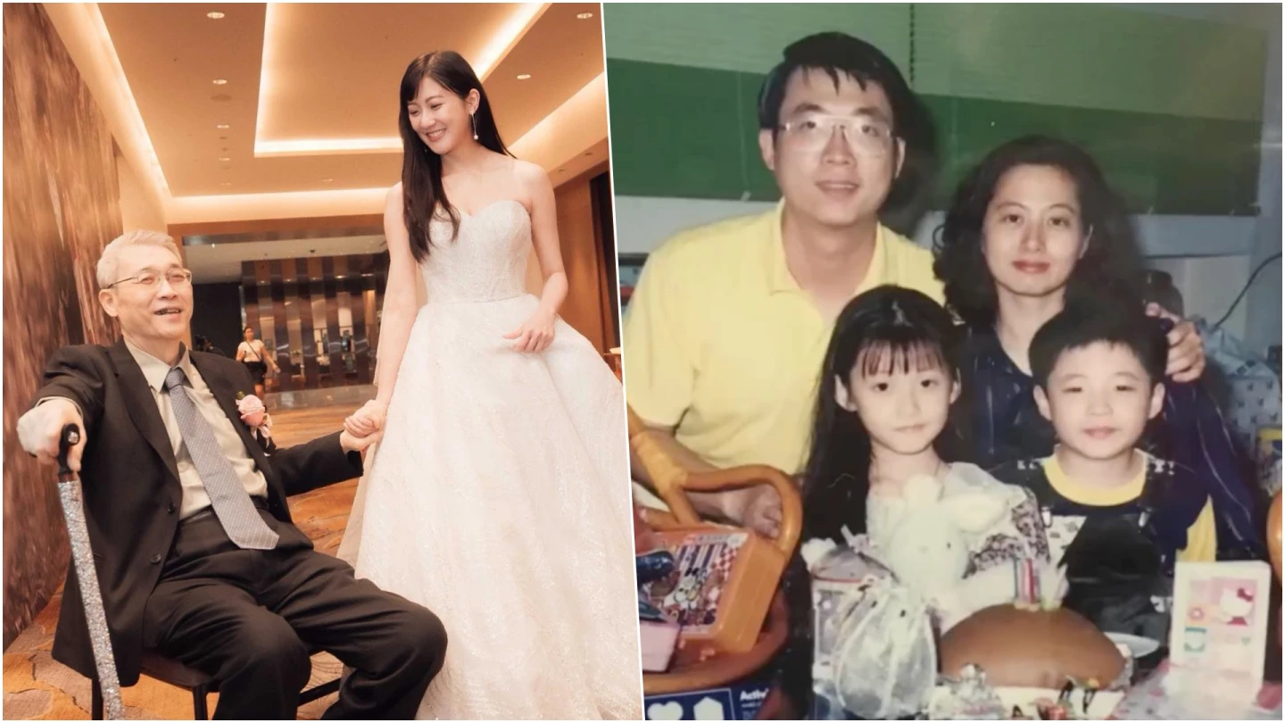 女星林逸欣補辦婚宴,父親拄著拐杖,親手將愛女出嫁(左)。而婚宴上林逸欣親手剪輯的成長紀錄影片,充滿父母親的滿滿愛意(右),超催淚影片感動數萬人。翻攝自林逸欣臉書