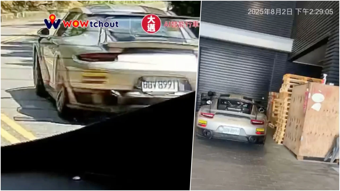保持捷逆向超車後揚長而去(左),Jaguar男駕駛截圖後循線在桃園保時捷中心找到該違規車輛。翻攝自YT頻道「WoWtchout - 地圖型行車影像分享平台」、臉書「車輛交通事故研究所」