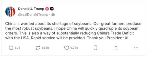 川普在社群網站發文,要求中國增加採購美國黃豆。翻攝川普社群網站/truthsocial.com/@realDonaldTrump