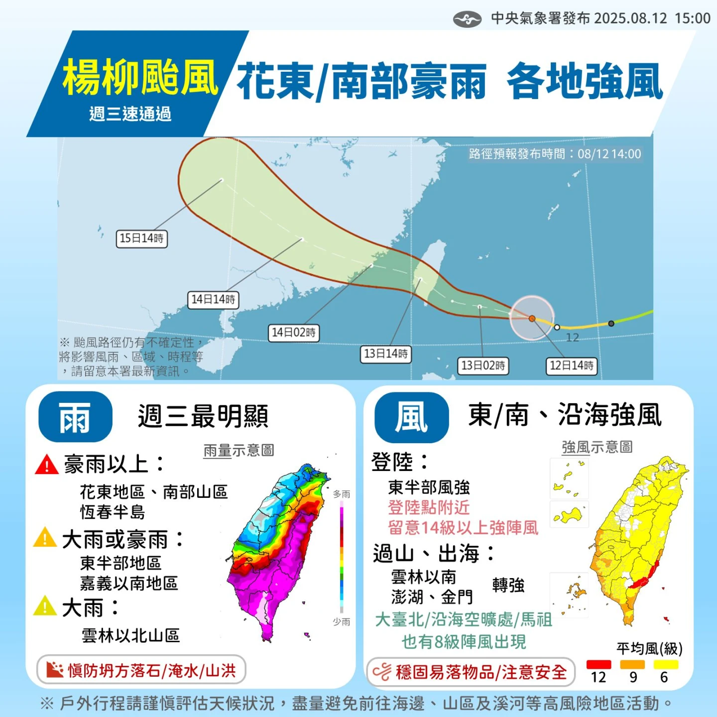楊柳颱風風雨時程。中央氣象署提供