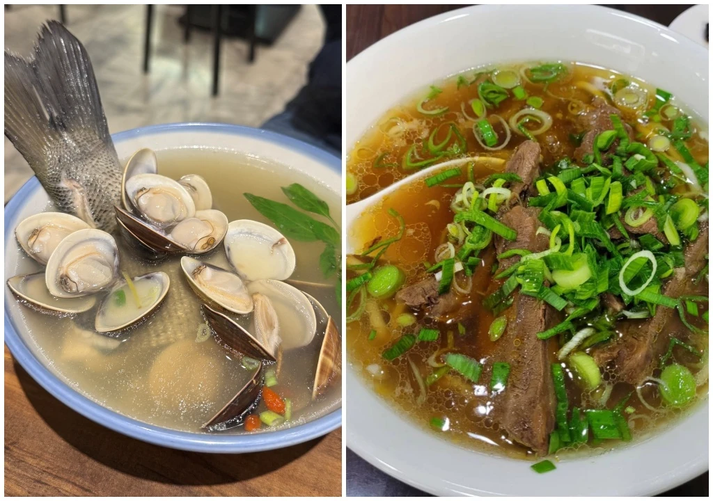 蔡家牛肉麵(右)1天只賣2.5小時,超人鱸魚(左)標榜無油無鹽無味精,湯頭超鮮美。讀者提供