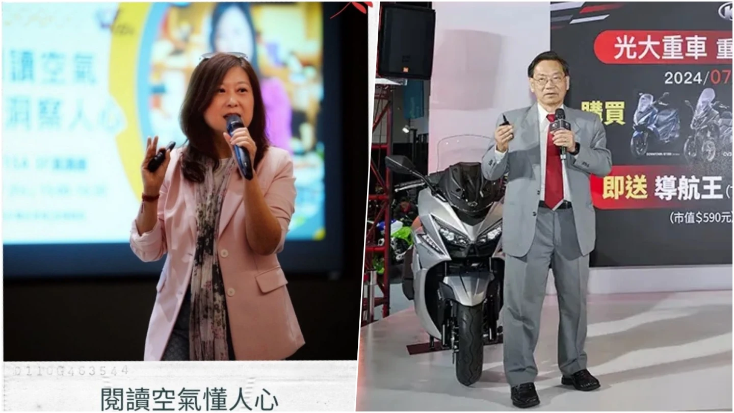 奧美公關董事總經理謝馨慧(左)受邀到光陽機車演講,卻被爆出搞錯該公司本業成汽車,把光陽柯董柯俊斌喊成郭董(右)。取自謝馨慧臉書、光陽官網