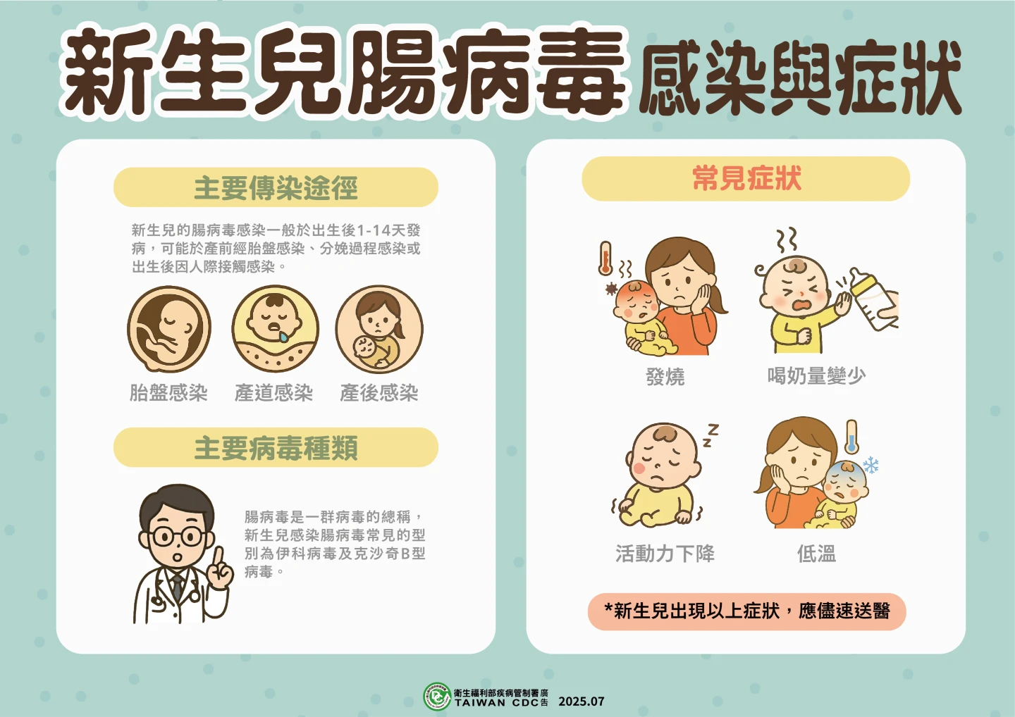 新生兒腸病毒感染與症狀。疾管署提供
