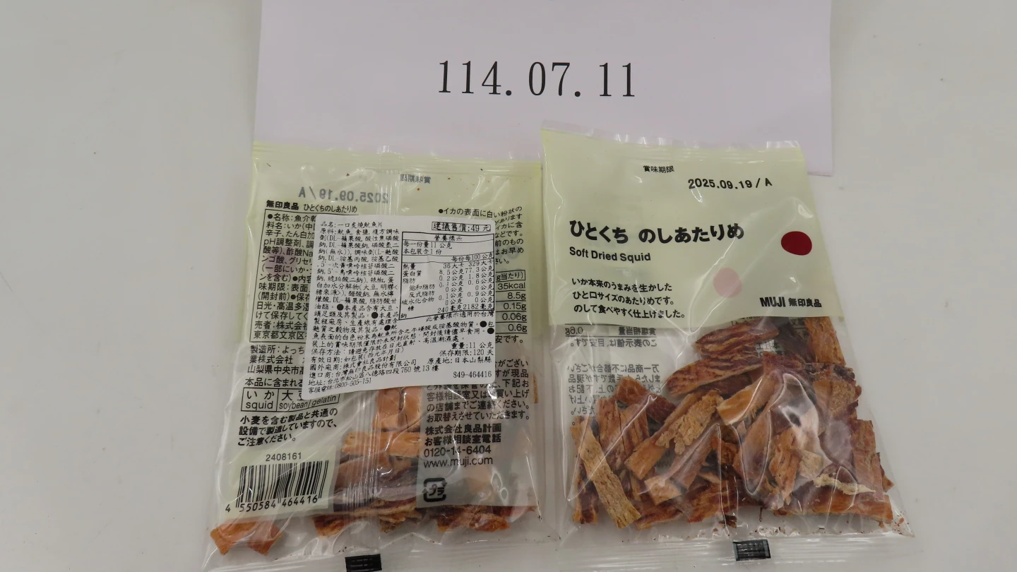 台灣無印良品股份有限公司從日本進口的「魷魚片」,被檢出磷酸鹽超標。食藥署提供