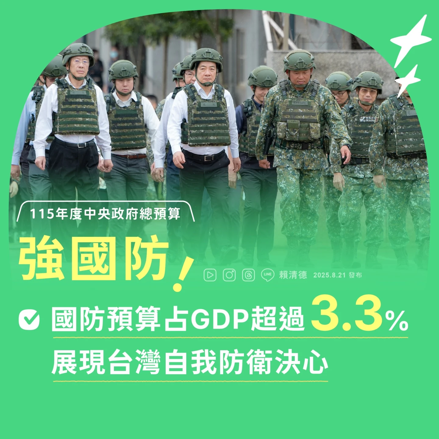 明年國防預算的GDP占比超過3.3%。總統府提供