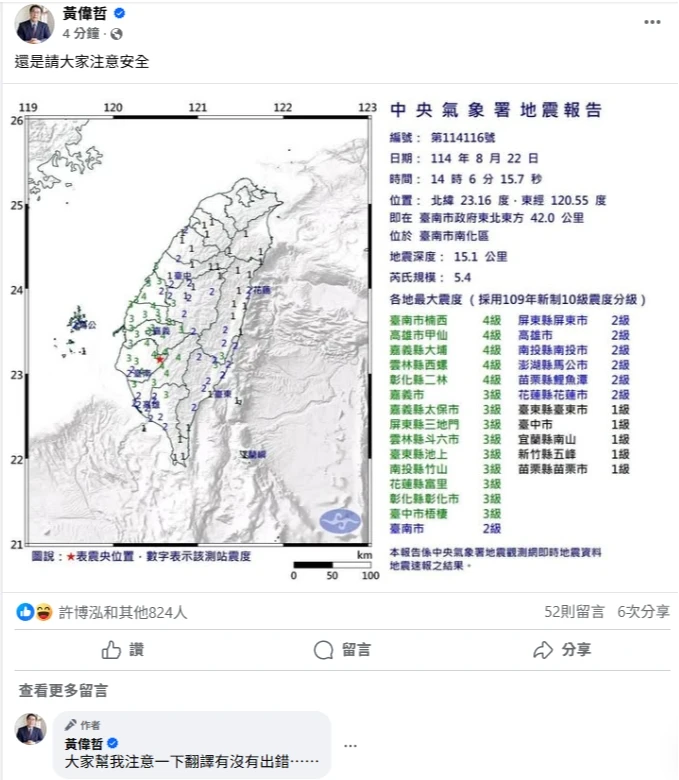 黃偉哲一句「大家幫我注意一下翻譯有沒有出錯⋯⋯」,隨即湧入百人朝聖按讚。取自FB@黃偉哲