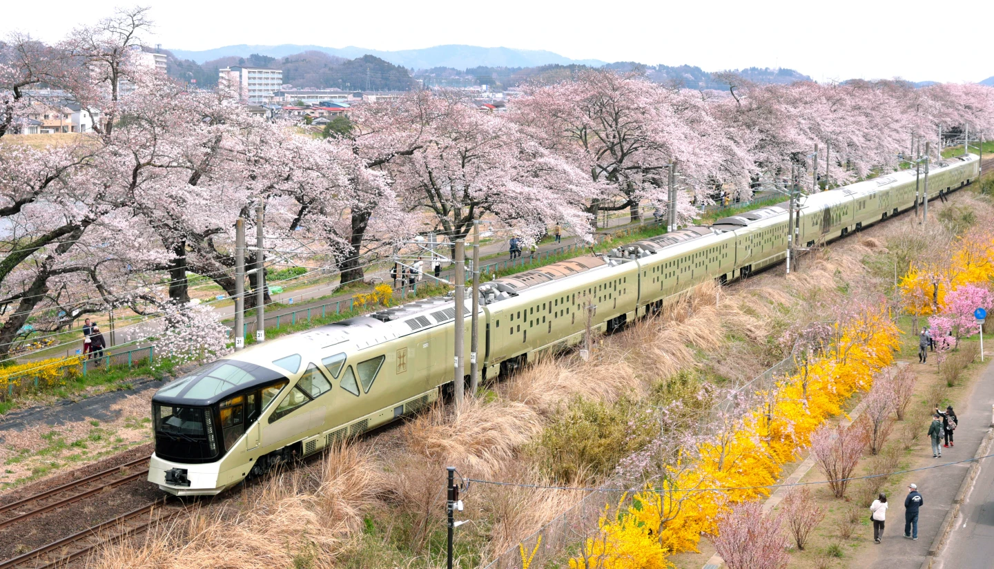 JR東日本「四季島」豪華列車號稱是「移動的豪華飯店」,圖為今年4月10日載客在東北宮城縣柴田町賞櫻。法新社