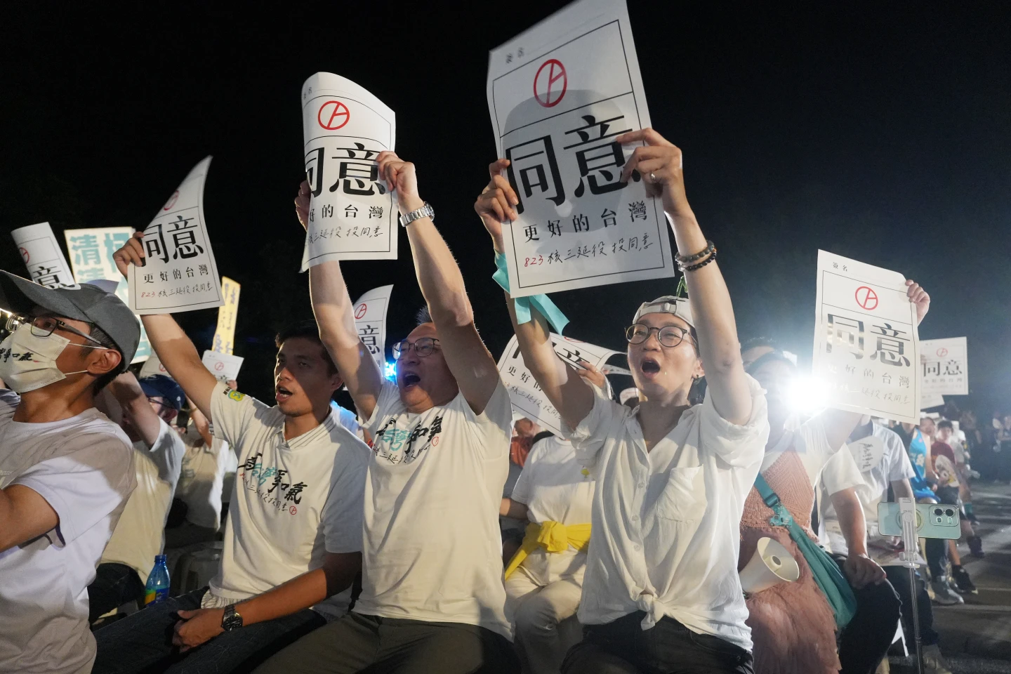 小草們舉起著同意標語。陳卓邦攝