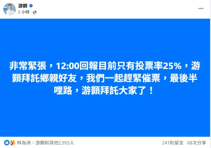 游顥緊盯投票率。取自FB@游顥