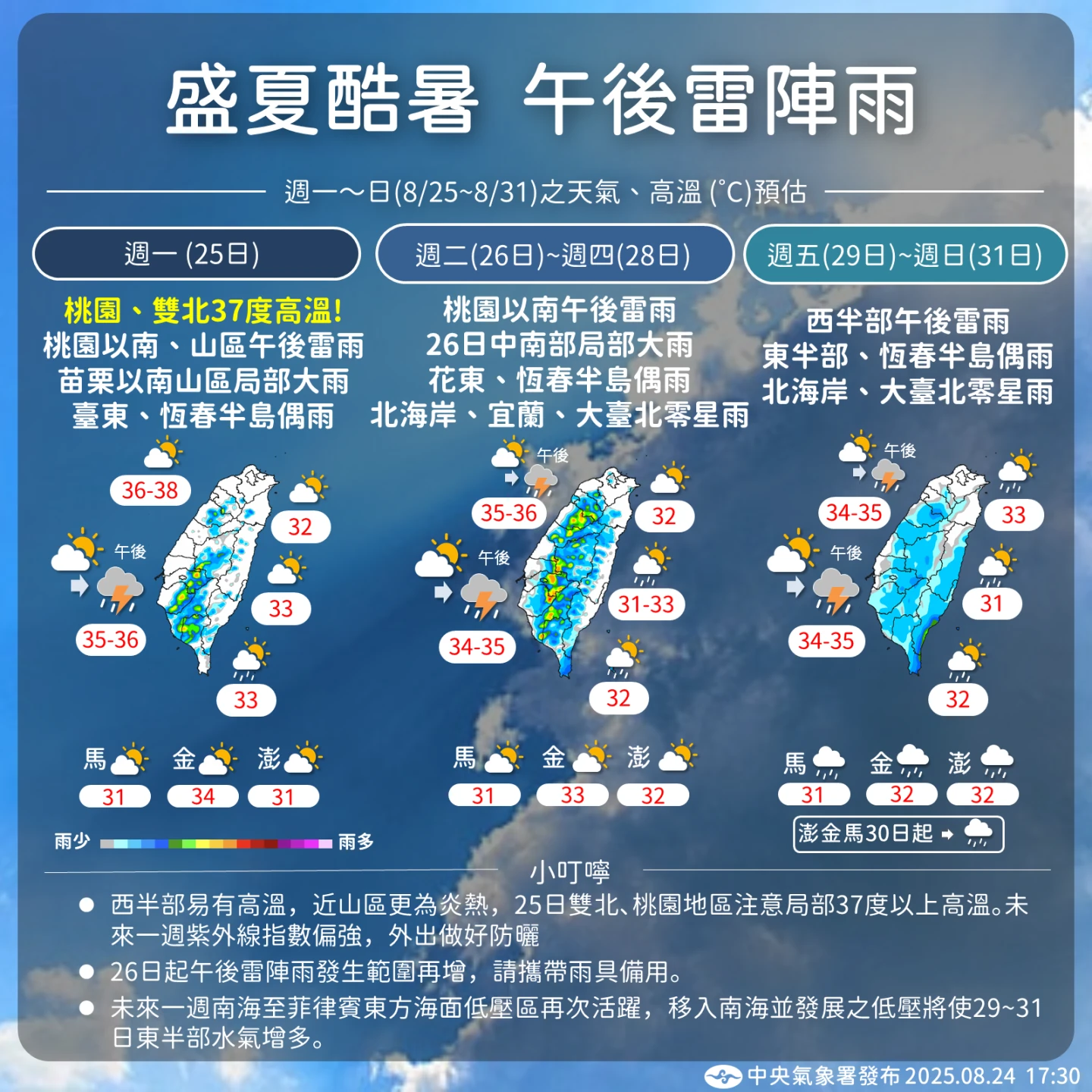 一周天氣預報。中央氣象署提供