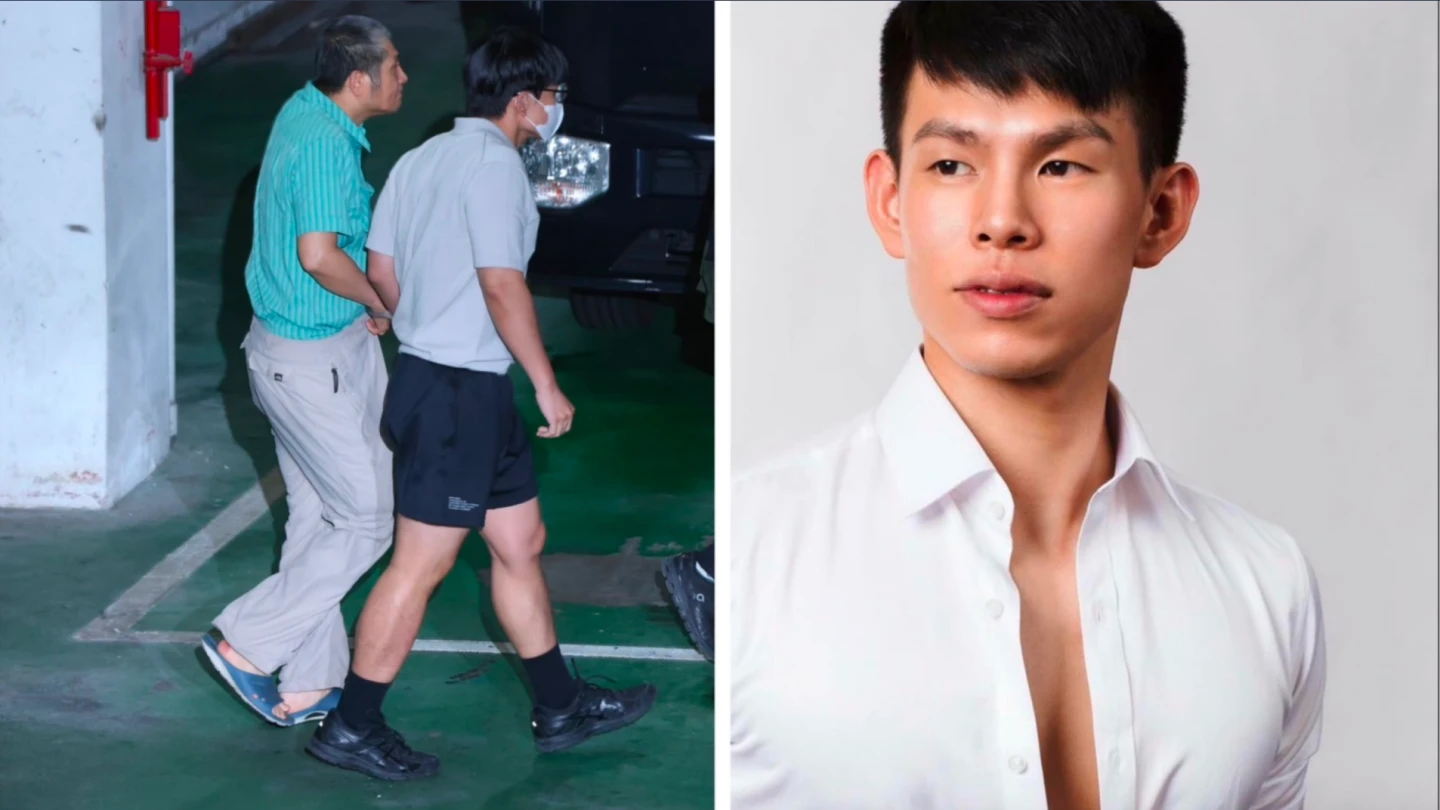 鄭亦麟(右,取自FB@Luke Cheng)遭羈押禁見,今凌晨被帶上囚車時,穿者短褲與新店縱火犯陳長鴻銬在一起(左,民眾提供)