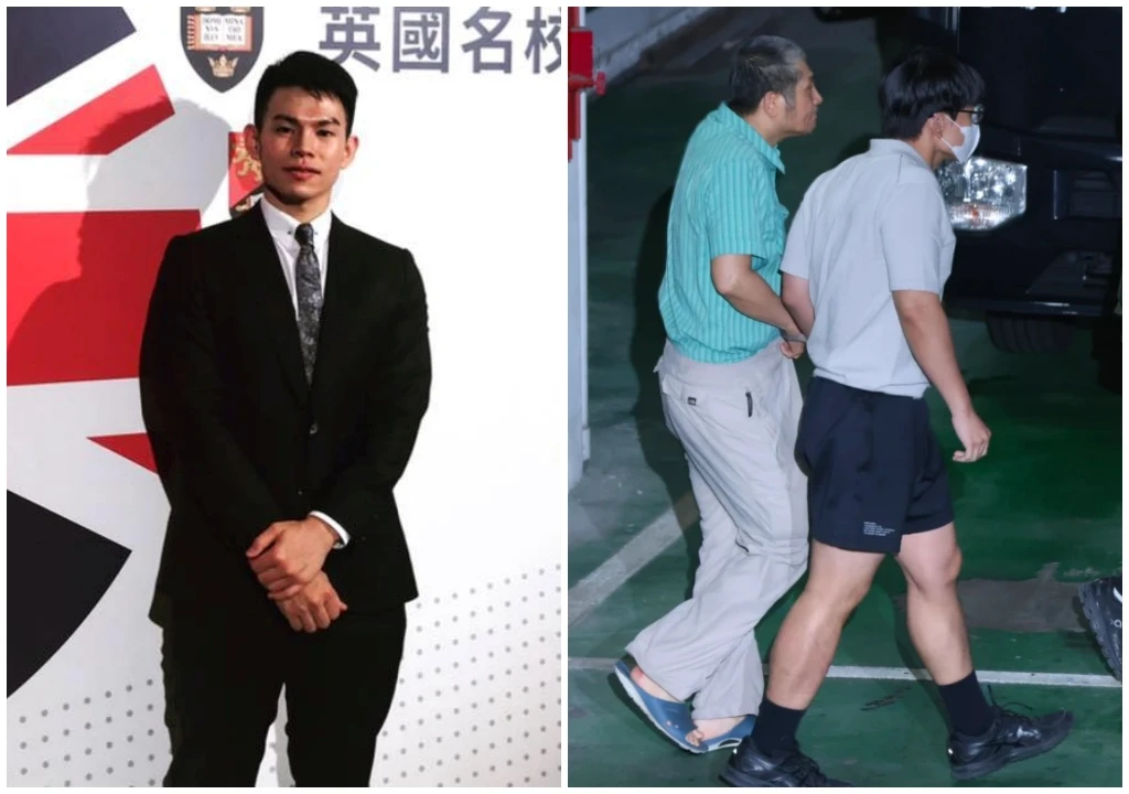 鄭亦麟(右圖,短褲,民眾提供)今凌晨遭羈押,上囚車時與新店縱火犯陳長鴻銬在一起(右圖右,民眾提供)。左取自FB@鄭亦麟