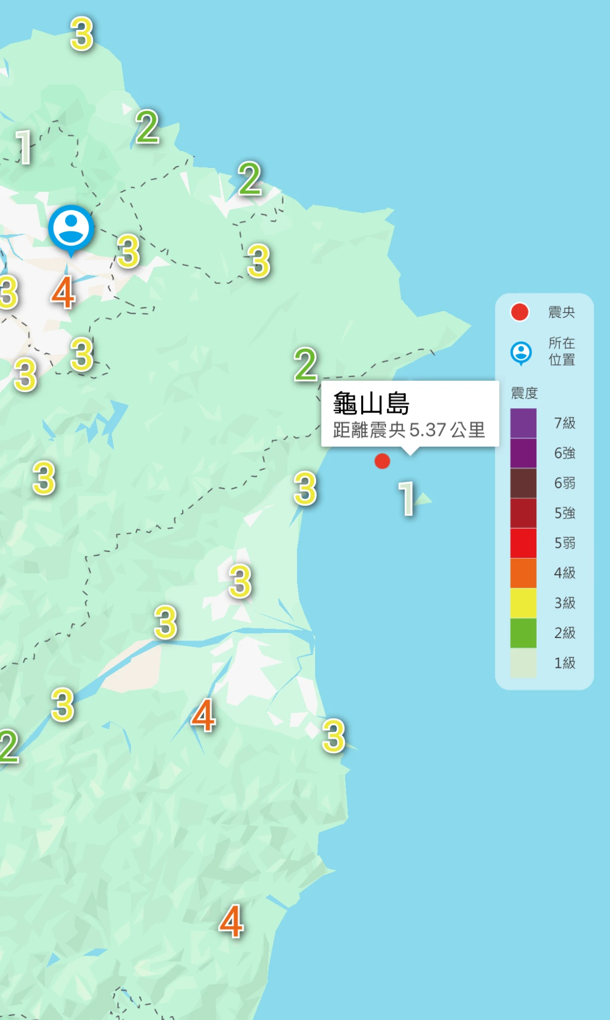 同樣是在震央附近,宜蘭冬山4級,龜山島僅1級。