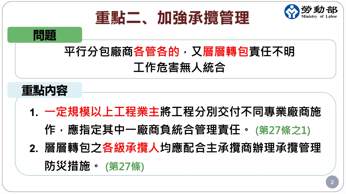《職安法》修正草案內容,包含加強營造工地的承攬管理。職安署提供
