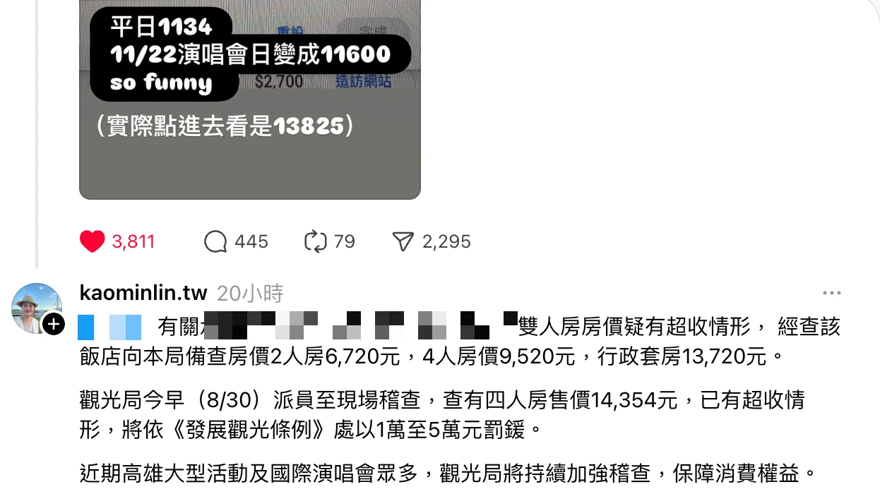 高市觀光局長高閔琳親自上網回覆,強調已派人稽查並將開罰。取自Threads@731bt
