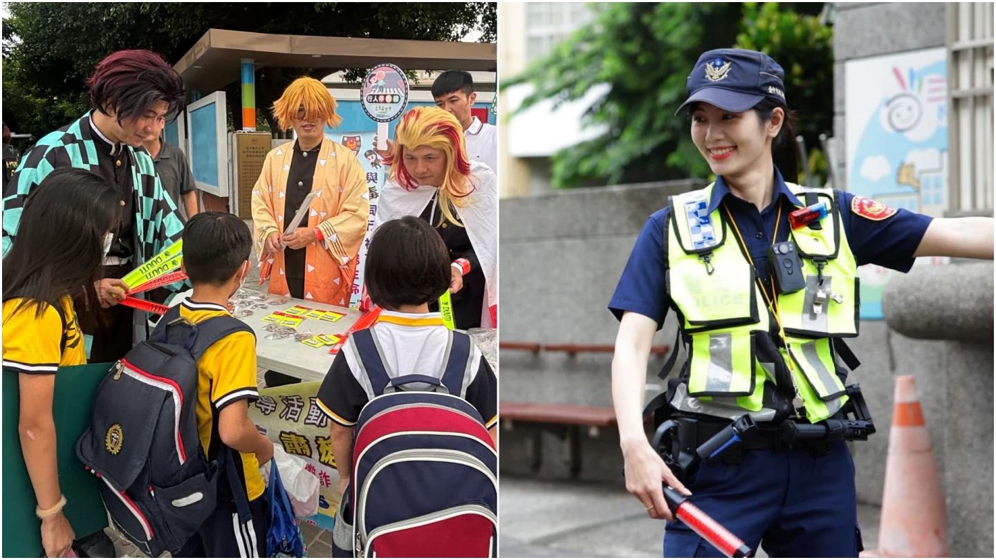 開學日中市警分局全面護童。左警方提供,右取自FB @ 臺中TCPB波麗士