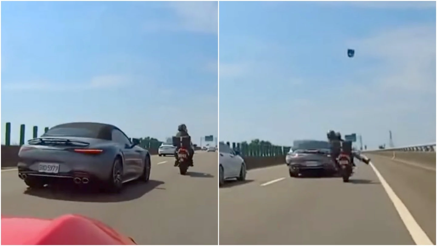 新竹台68線快速道路昨(8/31)日發生灰色敞篷賓士車高速擦撞重機後肇事逃逸事件。取自FB@爆料公社