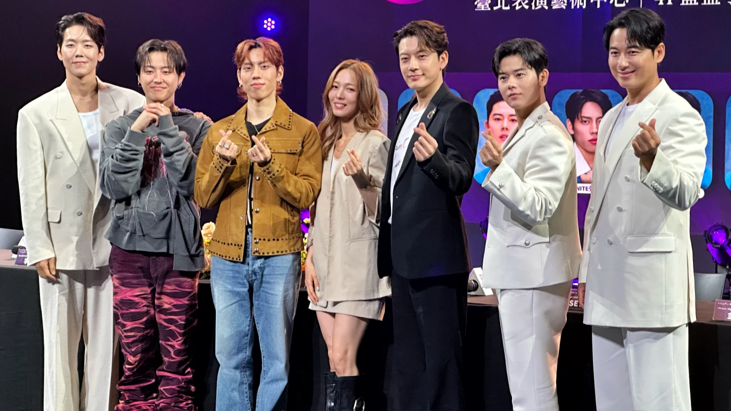 韓國觀光公社「K-Stage in 台北|2025韓流公演觀光特展」今(4)日起至7日登場,7位韓星齊登台。左起:KAI、Block B U-KWON(金有權)、INFINITE 張東雨、Wonder Girls 先藝、SE7EN、ZE:A 金桐俊、李志勳。劉沛妘攝