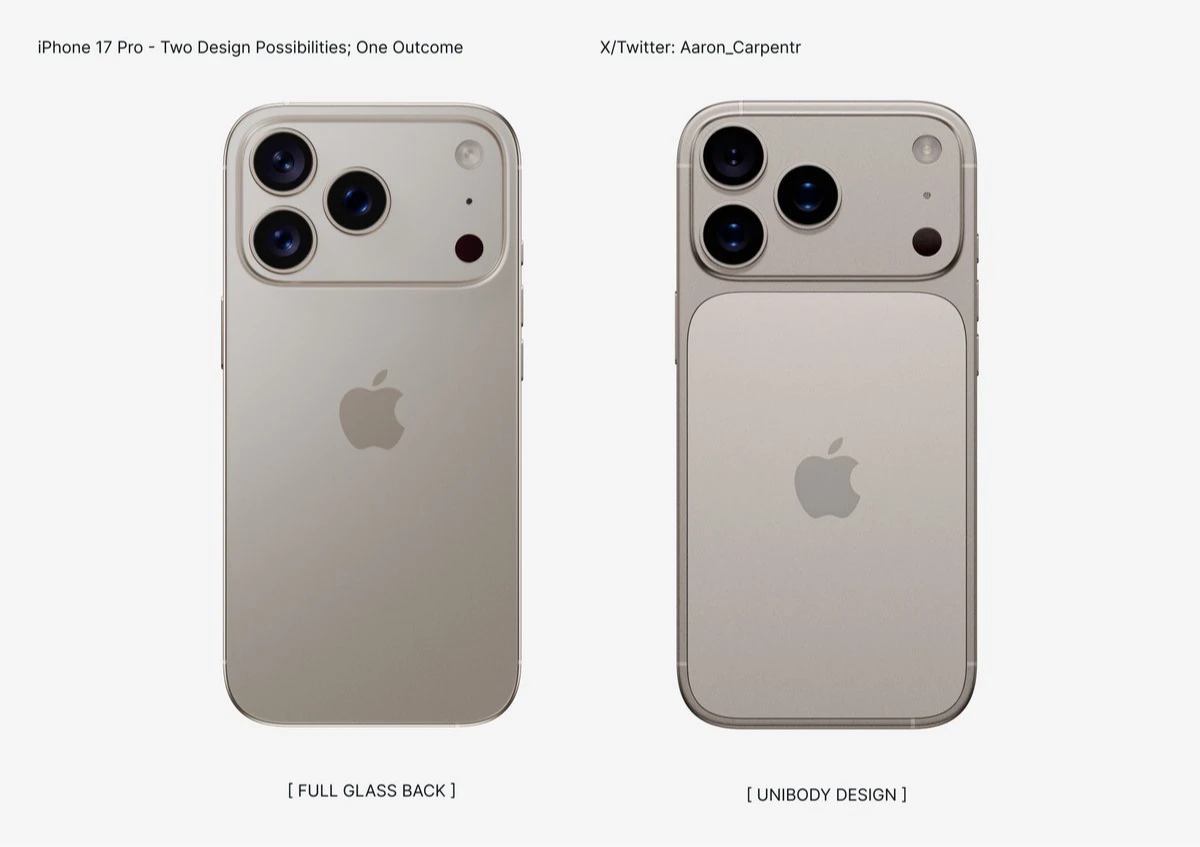 葛曼在最新報導中指出,iPhone 17 Pro和iPhone 17 Pro Max背面設計,屬於右邊這種,3分之2底部區域有新切口。取自X @Aaron_Carpentr