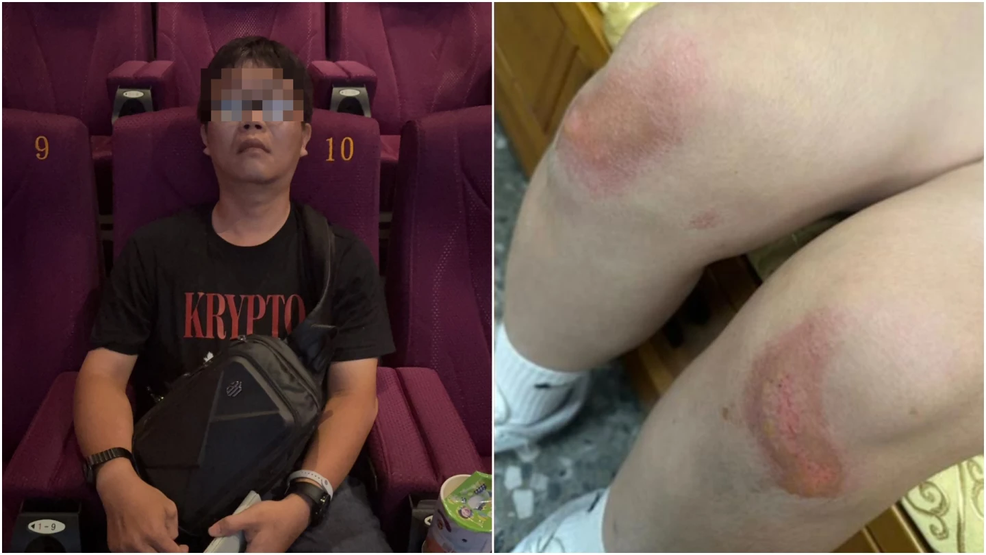 陳姓男子(左圖中)在台中影城拖行女性觀眾導致對方雙腿擦挫傷(右),傷者父親趕赴現場質問陳男是否對他女兒施暴,陳男竟冷回「不告訴你」。取自黃女父親FB