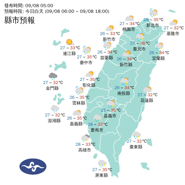 今各地氣溫。中央氣象署提供